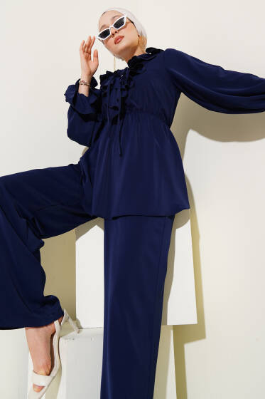 Fırfır Detaylı Bel Lastikli İkili Takım Lacivert - İkili Takım