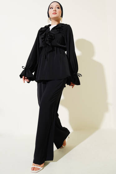 Fırfır Detaylı Bel Lastikli İkili Takım Siyah - İkili Takım