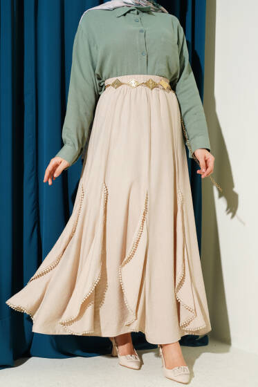 Fırfır Detaylı Beli Lastikli Etek Bej - Etek