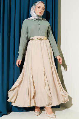 Fırfır Detaylı Beli Lastikli Etek Bej - Etek