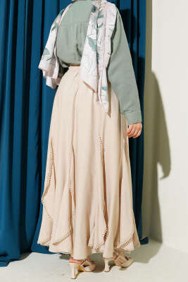 Fırfır Detaylı Beli Lastikli Etek Bej - Etek