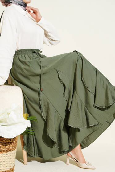 Fırfır Detaylı Beli Lastikli Etek Haki - Etek