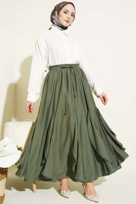 Fırfır Detaylı Beli Lastikli Etek Haki - Etek