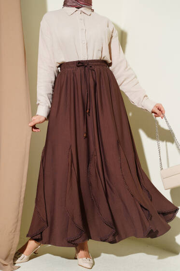 Fırfır Detaylı Beli Lastikli Etek Kahve - Etek