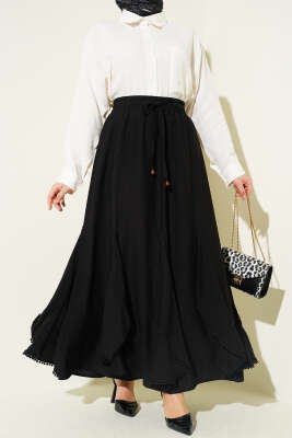 Fırfır Detaylı Beli Lastikli Etek Siyah - ALİ AKKAYA