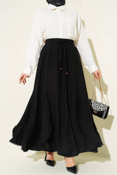 Fırfır Detaylı Beli Lastikli Etek Siyah - Etek