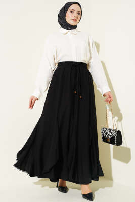 Fırfır Detaylı Beli Lastikli Etek Siyah - Etek