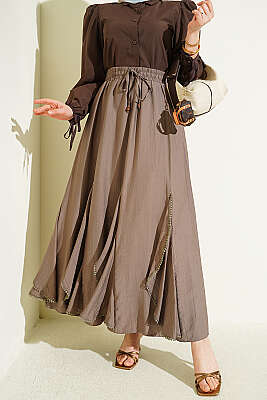 Fırfır Detaylı Beli Lastikli Etek Vizon - ALİ AKKAYA