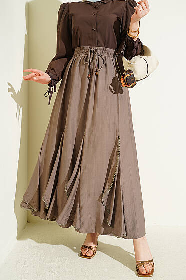 Fırfır Detaylı Beli Lastikli Etek Vizon - Etek