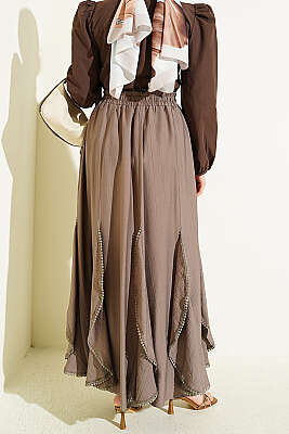 Fırfır Detaylı Beli Lastikli Etek Vizon - Etek