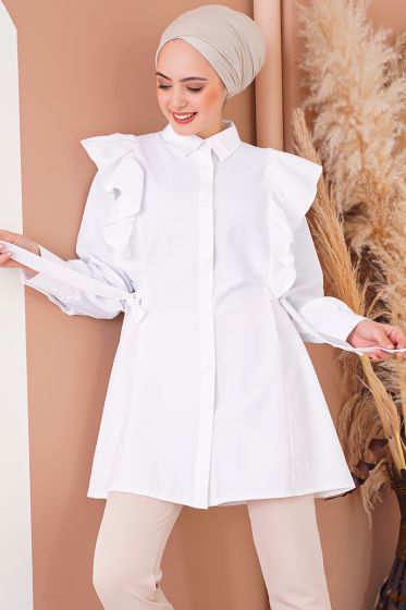 Fırfır Detaylı Beyaz Gömlek - Tunik