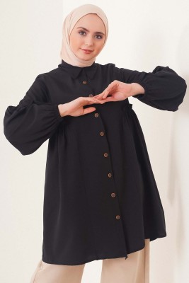 Fırfır Detaylı Boydan Düğmeli Tunik Gömlek Siyah - Thumbnail