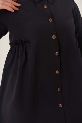 Fırfır Detaylı Boydan Düğmeli Tunik Gömlek Siyah - Thumbnail