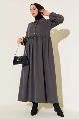 Fırfır Detaylı Burgu Fitilli Elbise Füme 