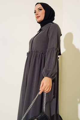 Fırfır Detaylı Burgu Fitilli Elbise Füme - Tesettür Elbise