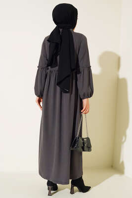 Fırfır Detaylı Burgu Fitilli Elbise Füme - Tesettür Elbise