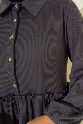 Fırfır Detaylı Burgu Fitilli Elbise Füme - Tesettür Elbise