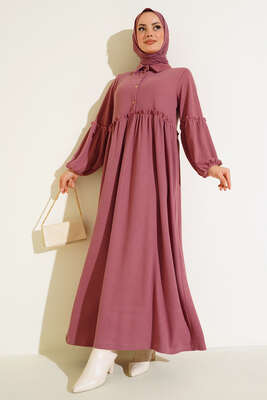 Fırfır Detaylı Burgu Fitilli Elbise Gül Kurusu - NEVA MODA