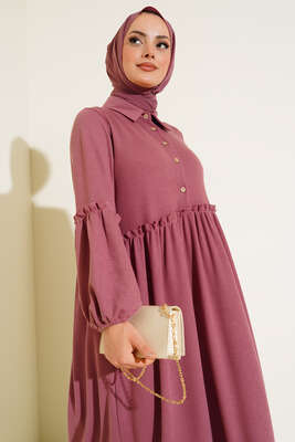 Fırfır Detaylı Burgu Fitilli Elbise Gül Kurusu - Tesettür Elbise