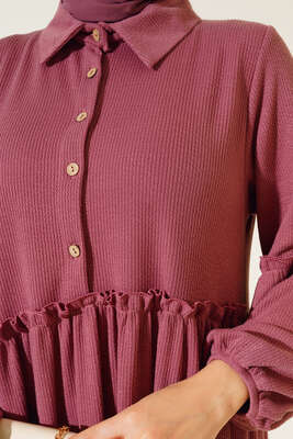 Fırfır Detaylı Burgu Fitilli Elbise Gül Kurusu - Tesettür Elbise