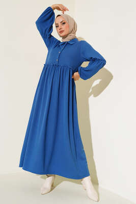 Fırfır Detaylı Burgu Fitilli Elbise İndigo - NEVA MODA