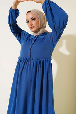 Fırfır Detaylı Burgu Fitilli Elbise İndigo - Tesettür Elbise