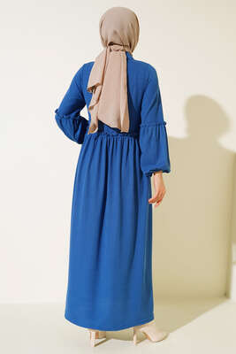 Fırfır Detaylı Burgu Fitilli Elbise İndigo - Tesettür Elbise