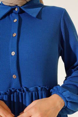 Fırfır Detaylı Burgu Fitilli Elbise İndigo - Tesettür Elbise