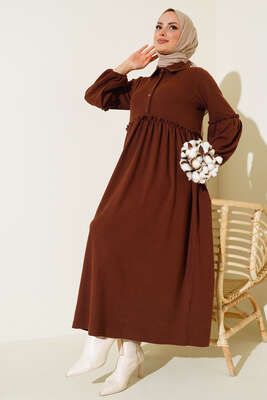 Fırfır Detaylı Burgu Fitilli Elbise Kahve 