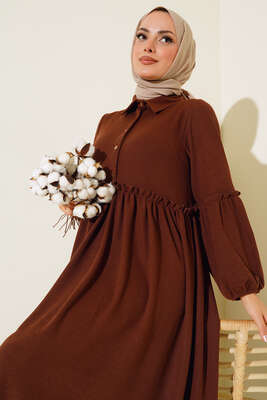 Fırfır Detaylı Burgu Fitilli Elbise Kahve - Tesettür Elbise