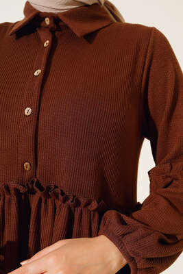 Fırfır Detaylı Burgu Fitilli Elbise Kahve - Tesettür Elbise