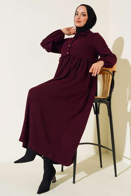 Fırfır Detaylı Burgu Fitilli Elbise Mürdüm - NEVA MODA