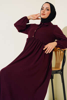 Fırfır Detaylı Burgu Fitilli Elbise Mürdüm - Tesettür Elbise