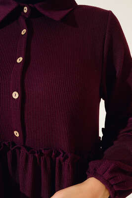 Fırfır Detaylı Burgu Fitilli Elbise Mürdüm - Tesettür Elbise