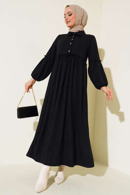 Fırfır Detaylı Burgu Fitilli Elbise Siyah - NEVA MODA