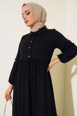 Fırfır Detaylı Burgu Fitilli Elbise Siyah - Tesettür Elbise