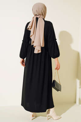 Fırfır Detaylı Burgu Fitilli Elbise Siyah - Tesettür Elbise