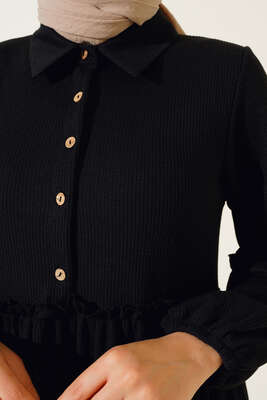 Fırfır Detaylı Burgu Fitilli Elbise Siyah - Tesettür Elbise