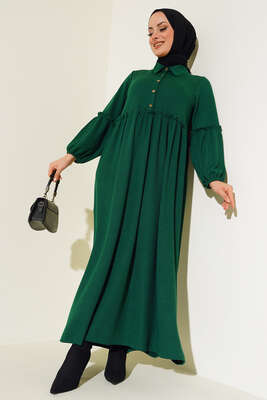 Fırfır Detaylı Burgu Fitilli Elbise Yeşil 