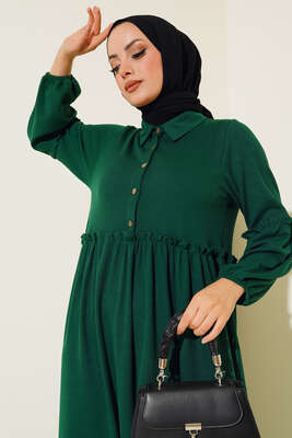 Fırfır Detaylı Burgu Fitilli Elbise Yeşil - Tesettür Elbise