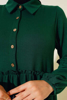 Fırfır Detaylı Burgu Fitilli Elbise Yeşil - Tesettür Elbise