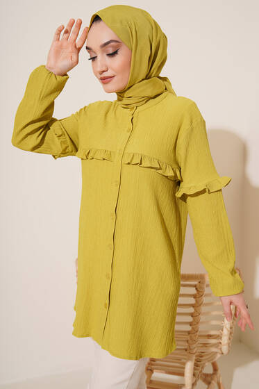 Fırfır Detaylı Bürümcük Tunik Yağ Yeşili - Tunik