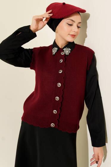 Fırfır Detaylı Düğmeli Triko Yelek Bordo - Yelek