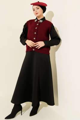 Fırfır Detaylı Düğmeli Triko Yelek Bordo - Yelek