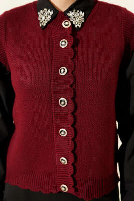 Fırfır Detaylı Düğmeli Triko Yelek Bordo - Yelek