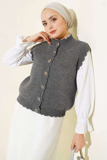 Fırfır Detaylı Düğmeli Triko Yelek Füme - Yelek