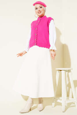 Fırfır Detaylı Düğmeli Triko Yelek Fuşya - Yelek