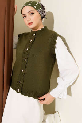 Fırfır Detaylı Düğmeli Triko Yelek Haki - RAFİMİX