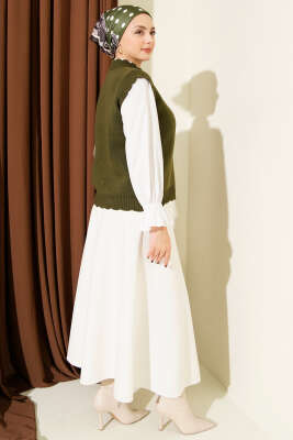 Fırfır Detaylı Düğmeli Triko Yelek Haki - Yelek