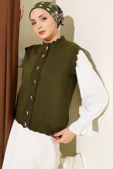 Fırfır Detaylı Düğmeli Triko Yelek Haki - Yılın Fırsatı
